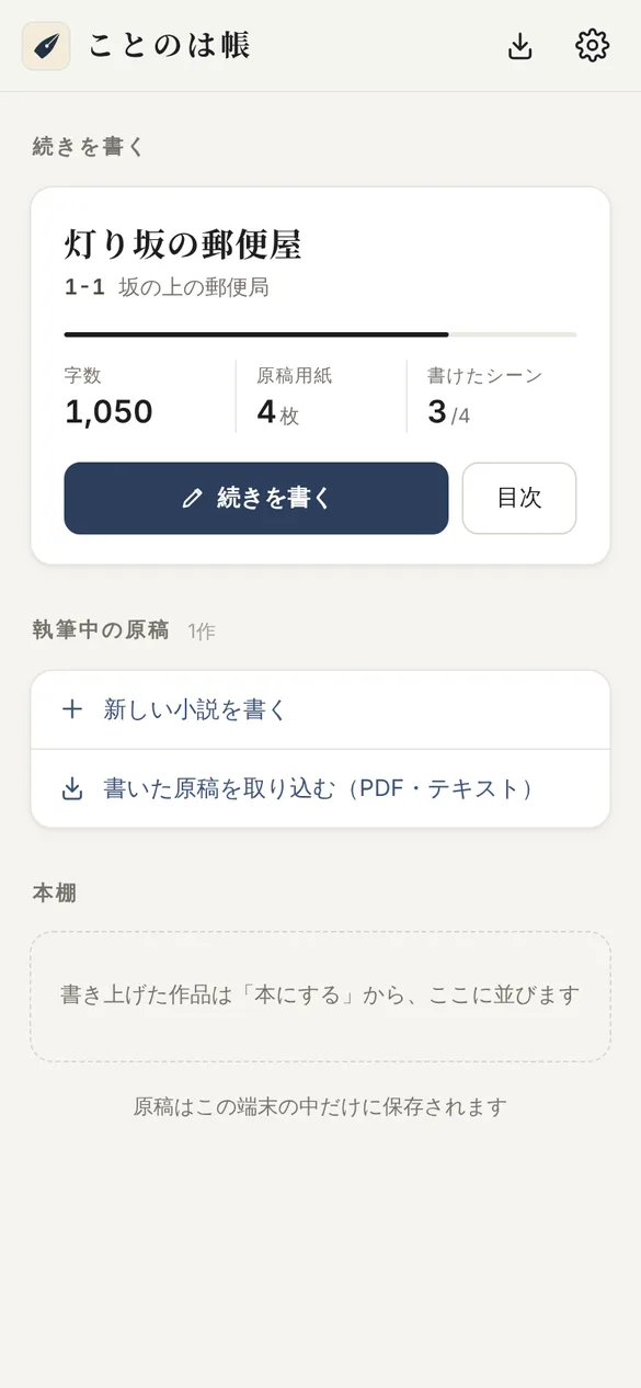ことのは帳の最初の画面。続きを書くの欄に見本の作品『灯り坂の郵便屋』があり、字数1,050、原稿用紙4枚、書けたシーン3/4と表示されている