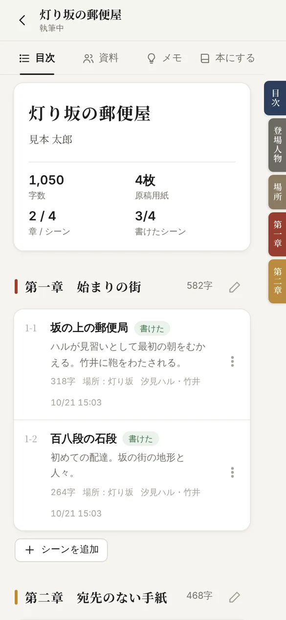 作品の目次画面。題名と著者名の下に字数や原稿用紙の枚数があり、第一章の中に坂の上の郵便局、百八段の石段の2つのシーンが、あらすじと書けたの印とともに並んでいる