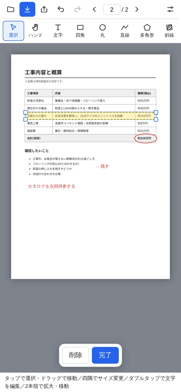 2ページ目の工事内容と概算の表。浴室の入れ替えの行に黄色い塗りの四角があり、選択されて四隅に青い四角の点が表示されている。下に削除と完了のボタンがある。合計の約258万円は赤い丸で囲まれ、確認したいことの横に赤い文字が書き込まれている